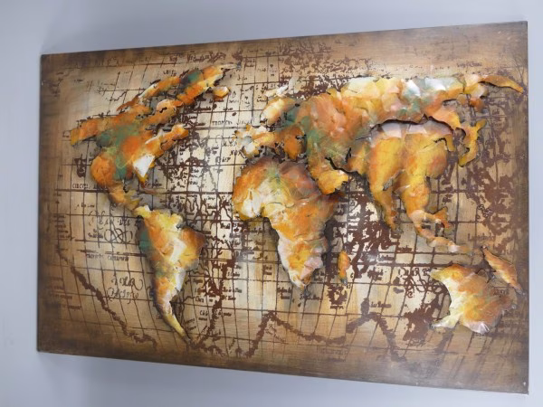 Wereldkaart schilderij 3D metaal 2 https://www.hele