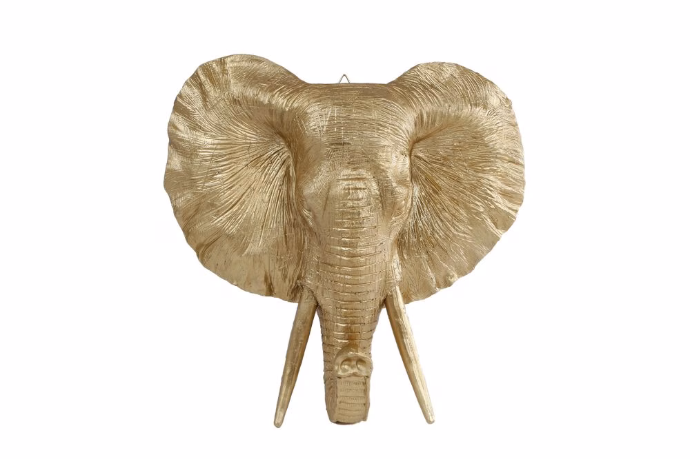 Wandsculptuur olifant goud polystone. 1 Wandsculptuur "Olifant" goud polystone