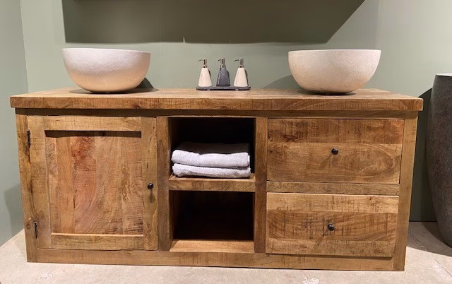 Badkamermeubel Mangohout – 180 cm breed | 2 Lades, Deur & Open Vak 1 badkamermeubel mangohout 180 cm