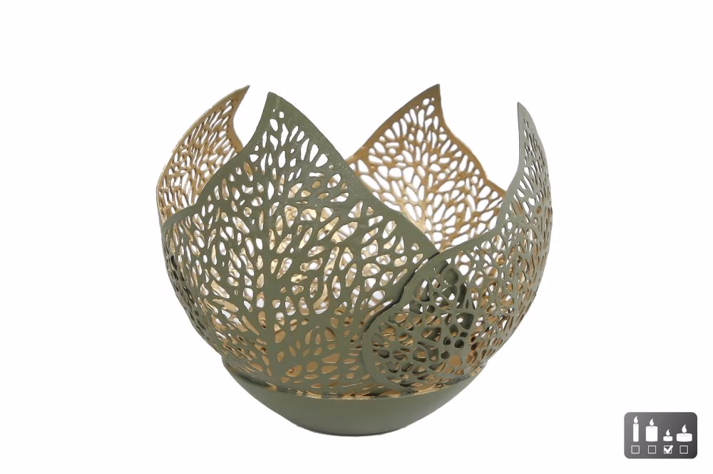 Theelichthouder "Leaf Tilia" goud/groen metaal. 1 Theelichthouder "Leaf Tilia" goud/groen