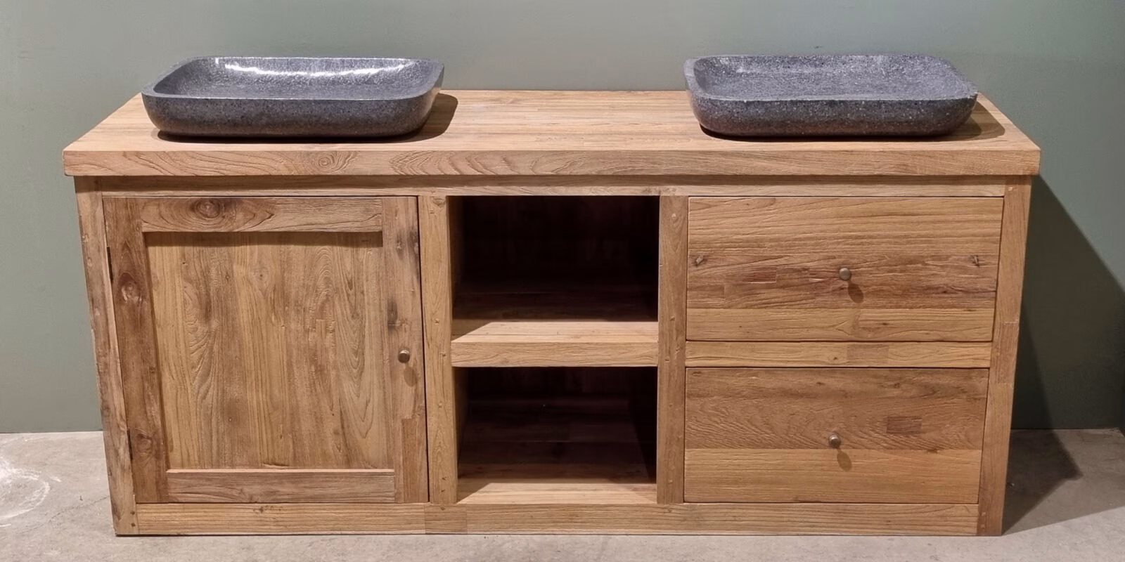 Badkamerkast Teakhout – 180 cm | Open Vakken, Lades & Deur | Natuurlijke Houtlook 1 Badkamerkast teakhout