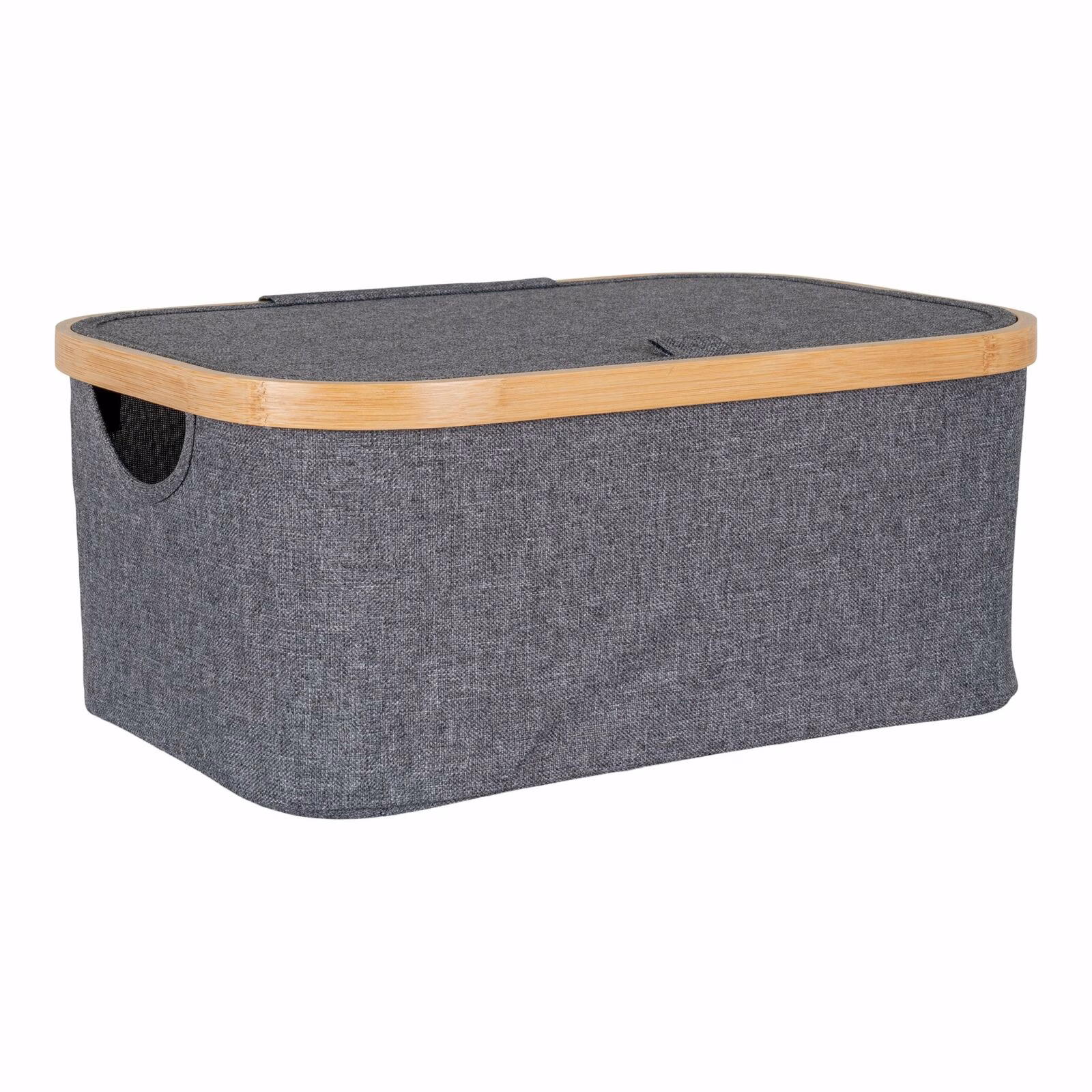 Mand in bamboe/textiel, donkergrijs, 38x26x16 1 Mand in bamboe/textiel, donkergrijs, 38x26x16.