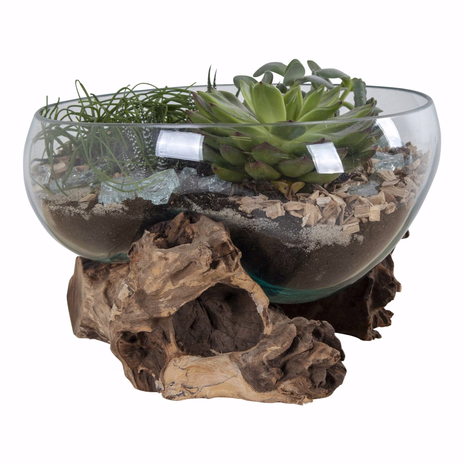 San Marino Glazen Vaas op Teakhout – Handgemaakt & Uniek Design¸26xh20 cm 2 Glazen Vaas op Teakhout – Handgemaakt