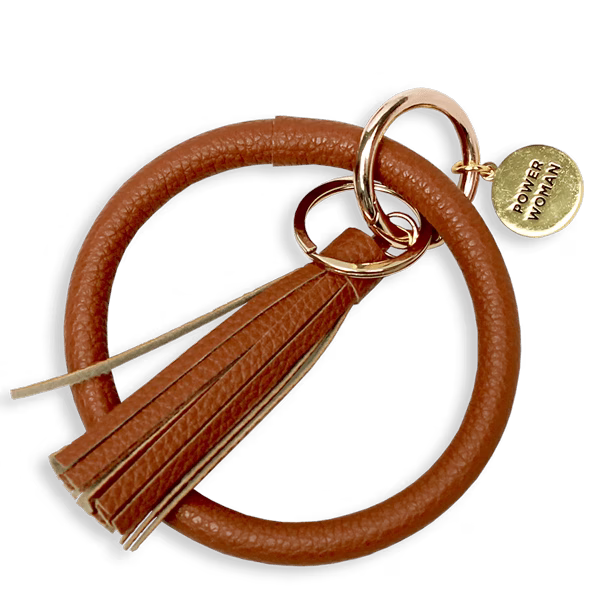 Luxe Sleutelhanger bruin Vegan Leer – Cadeaudoosje & "Pouwer Woman Munt 1 luxe Bruin vegan sleutelhanger