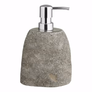 Riviersteen zeepdispenser Gara 11×8×18 cm in natuurlijke grijstinten.