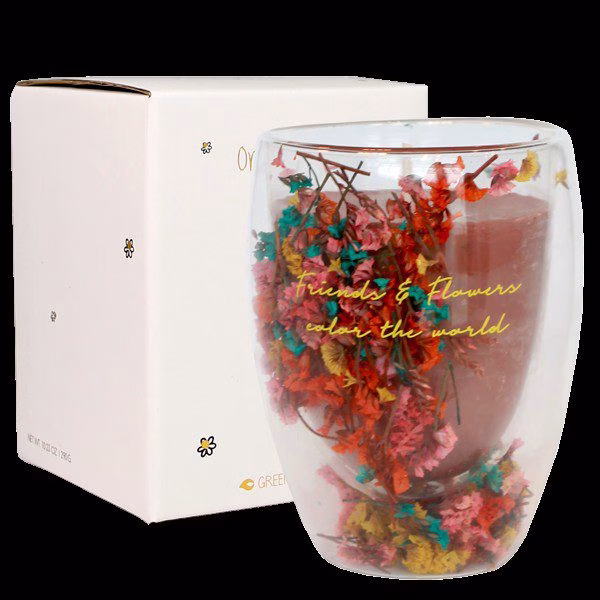 Luxe Geurkaars Friends & Flowers – Silky Tonka (50 branduren) 3 Luxe geurkaars Friends & Flowers Silky Tonka met bloemen in glas
