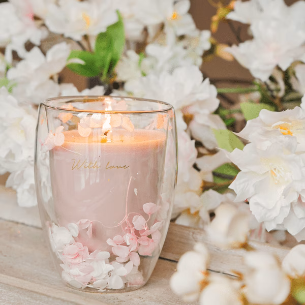 Luxe Sojakaars With Love – Green Tea Time (50 branduren) 2 Luxe sojakaars With Love Green Tea Time met bloemen in dubbelwandig glas