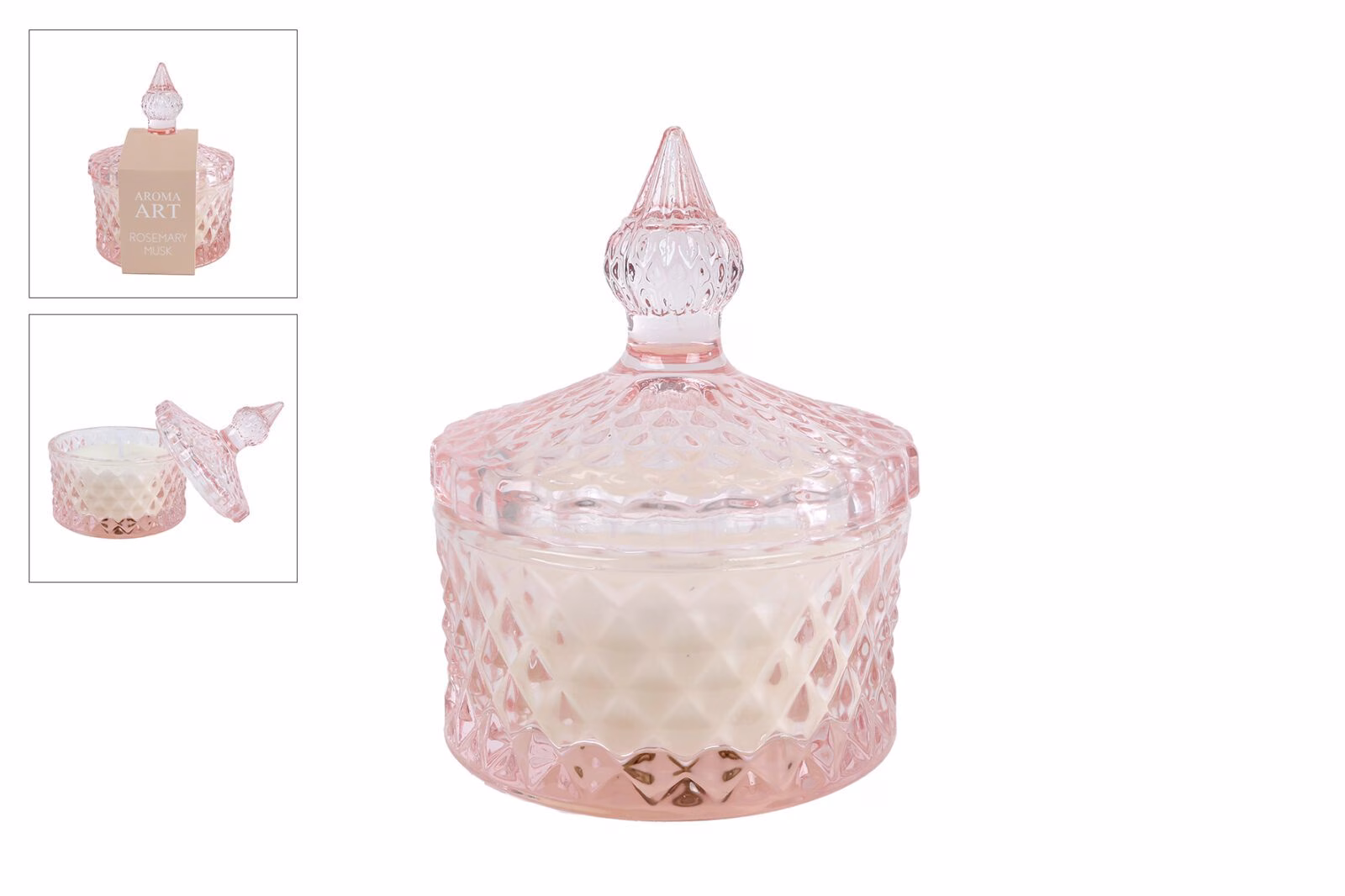 Geurkaars “Aroma Art” Rosemary Musk – Oud Roze Glas – Luxe Geurkaars 8,5x8,5x11 cm 2 geurkaars-aroma-art-rosemary-musk