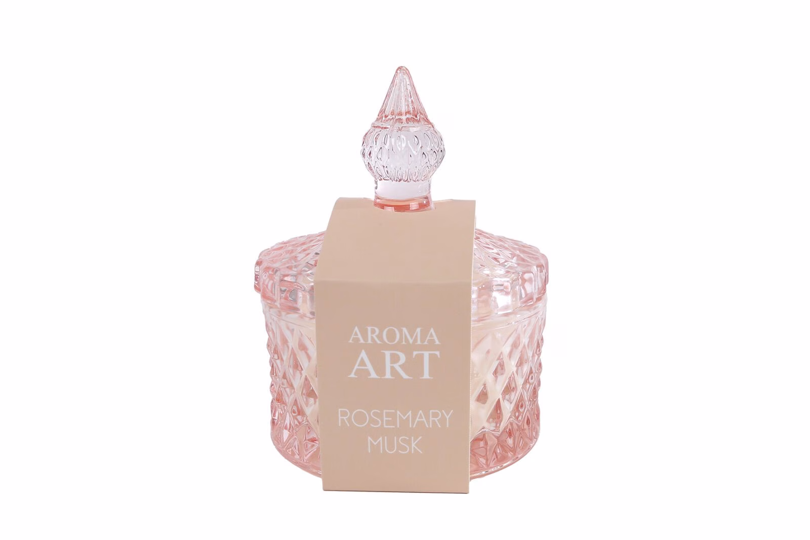 Geurkaars “Aroma Art” Rosemary Musk – Oud Roze Glas – Luxe Geurkaars 8,5x8,5x11 cm 1 geurkaars-aroma-art-rosemary-musk
