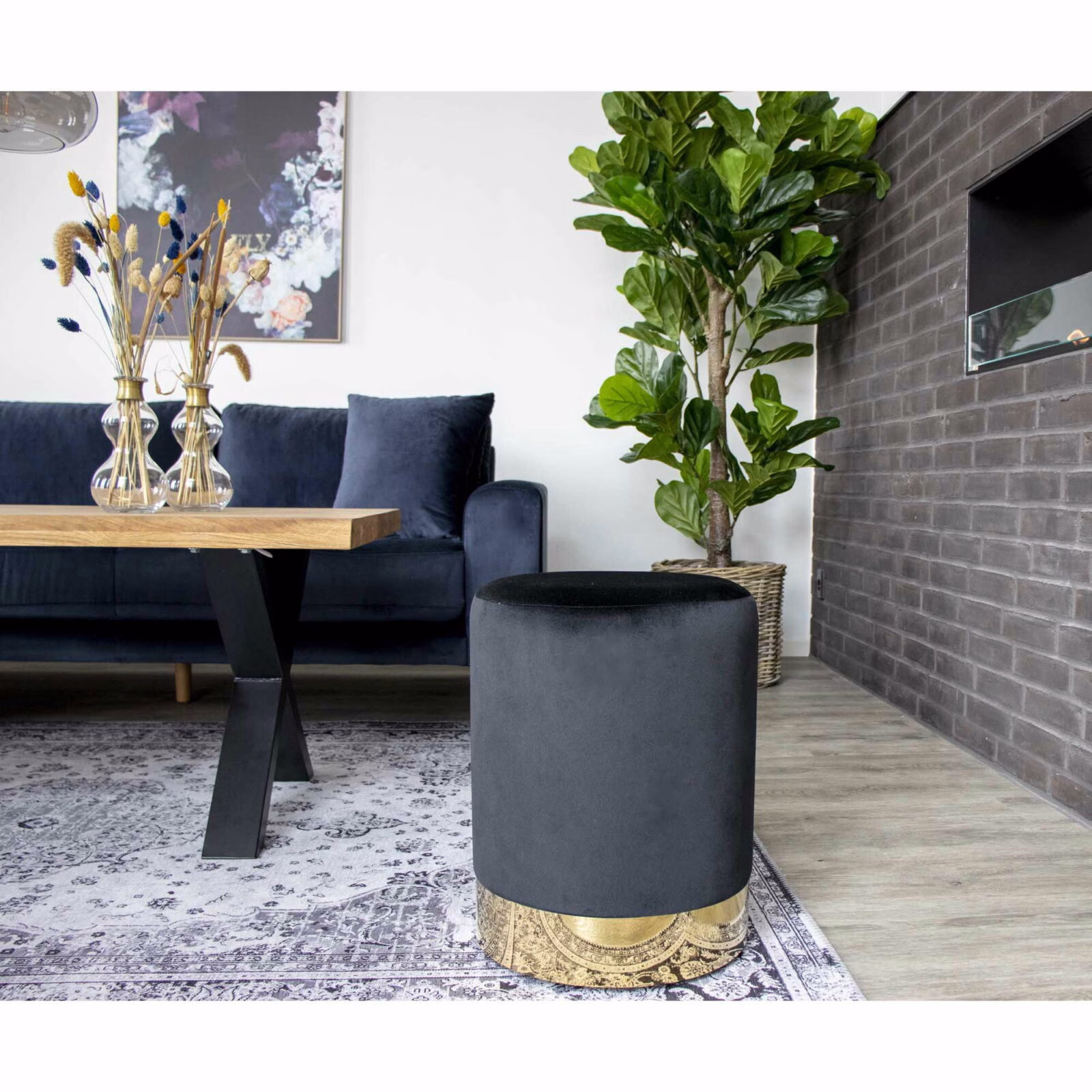 Poef zwart velvet 34x43cm. 3 Poef zwart velvet 34x43cm. - Afbeelding 3