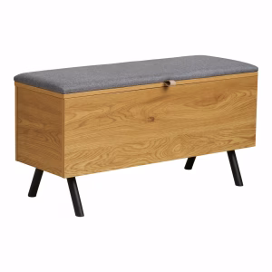 Barco opbergbank eikenlook Stijlvol naturel houtdesign met stevig stalen frame en zithoogte 46 cm. Praktische bergruimte, duurzame spaanplaat met melaminefolie en polyester — functioneel en tijdloos.