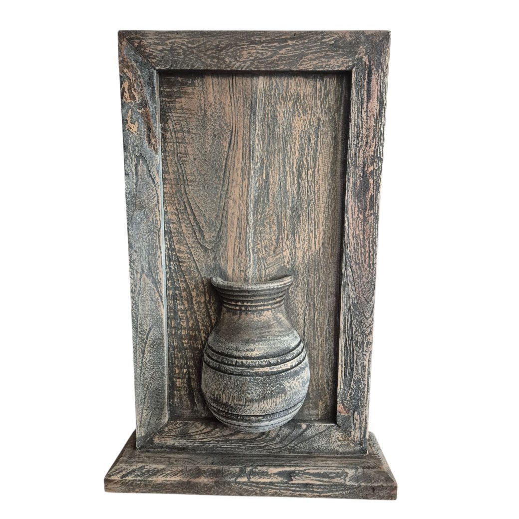 Uniek Wandpaneel met Dubbele Nepalese Pot – Stoer & Sober Houten Decoratiepaneel 1 Wandpaneel Nepalese pot