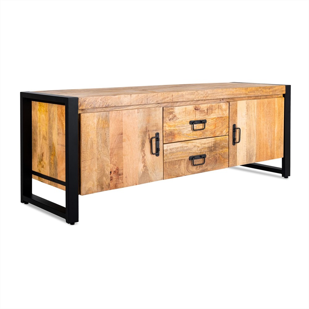 TV‑meubel Britt 150 cm – Mangohout & Zwart Metaal – 2 Lades, 2 Deuren 2 TV‑meubel Britt 150 cm – Mangohout & Zwart Metaal – 2 Lades, 2 Deuren - Afbeelding 2