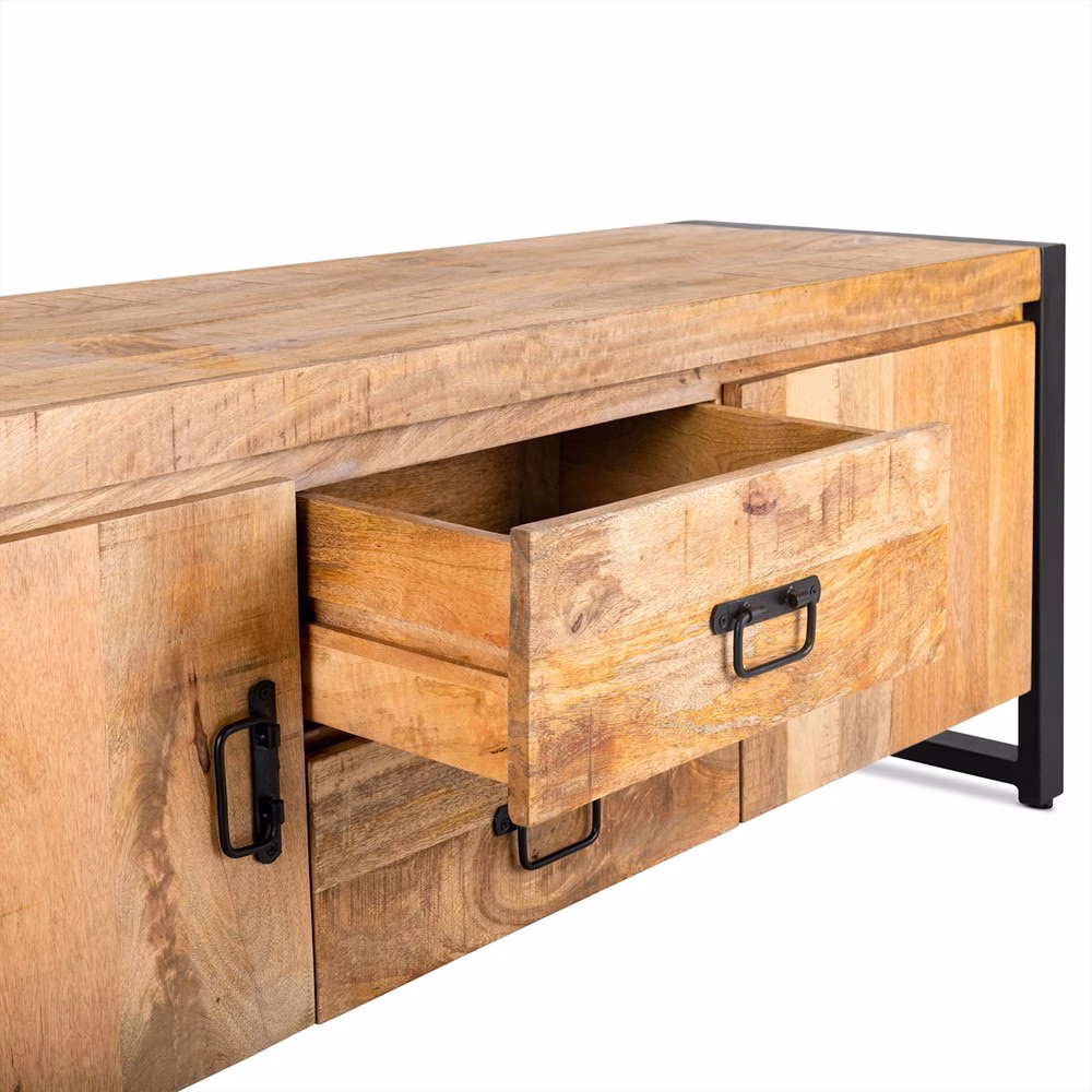 TV‑meubel Britt 150 cm – Mangohout & Zwart Metaal – 2 Lades, 2 Deuren 3 TV‑meubel Britt 150 cm – Mangohout & Zwart Metaal – 2 Lades, 2 Deuren - Afbeelding 3