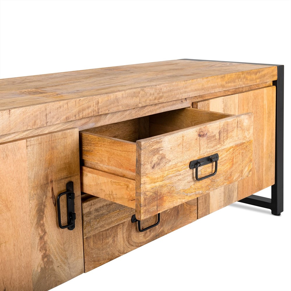 TV‑meubel Britt 150 cm – Mangohout & Zwart Metaal – 2 Lades, 2 Deuren 3 TV‑meubel Britt 150 cm – Mangohout & Zwart Metaal – 2 Lades, 2 Deuren - Afbeelding 3