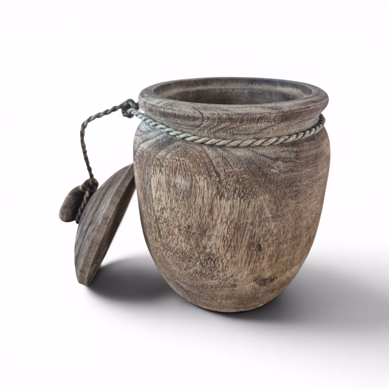 Houten Pot met Deksel en Touw – Landelijke Sober Woondecoratie 1 houten pot deksel touw