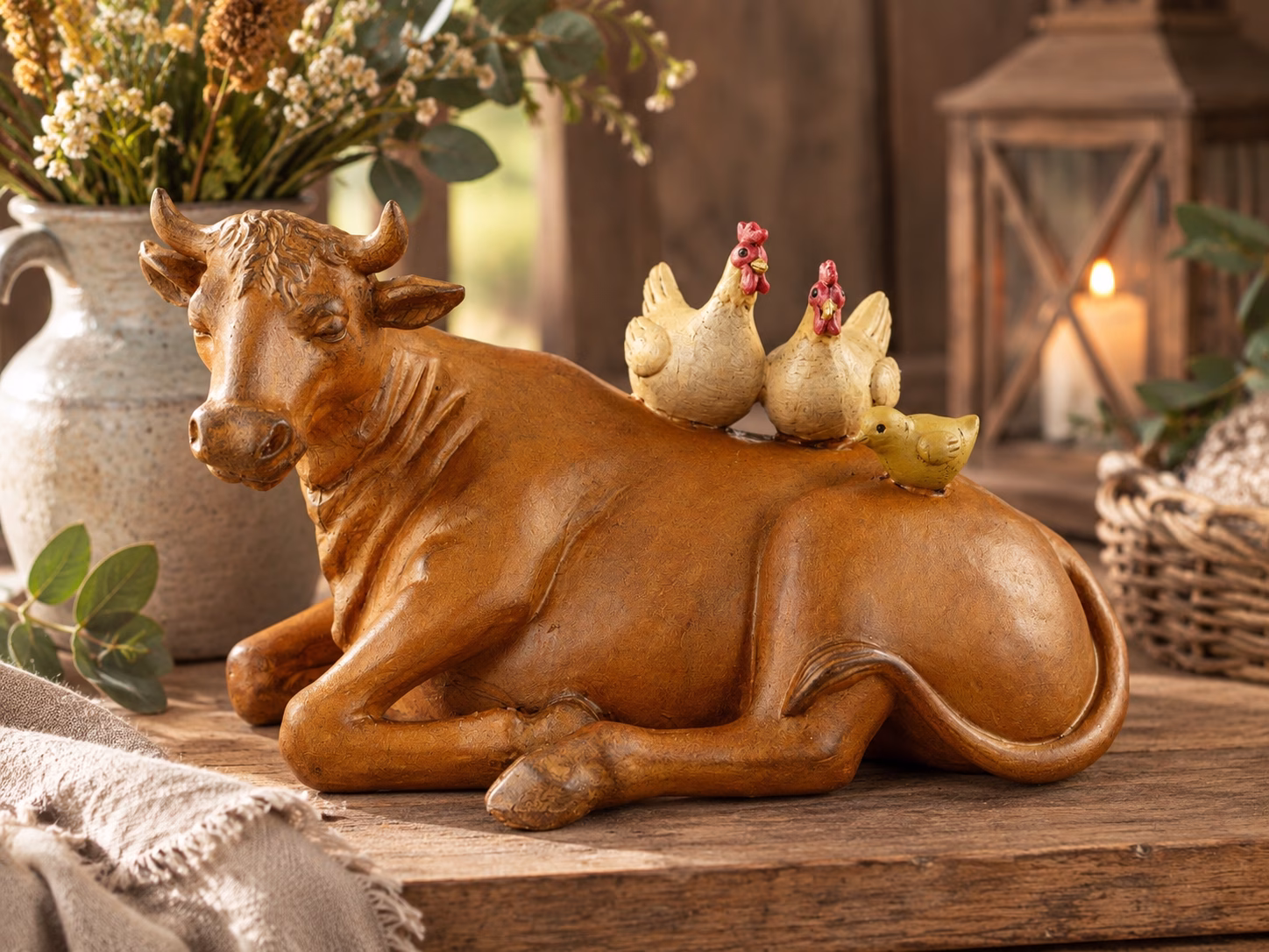 Landelijk Beeld Koe met Kippen en Kuiken | Rustieke Boerderijdecoratie 2 landelijk beeld koe